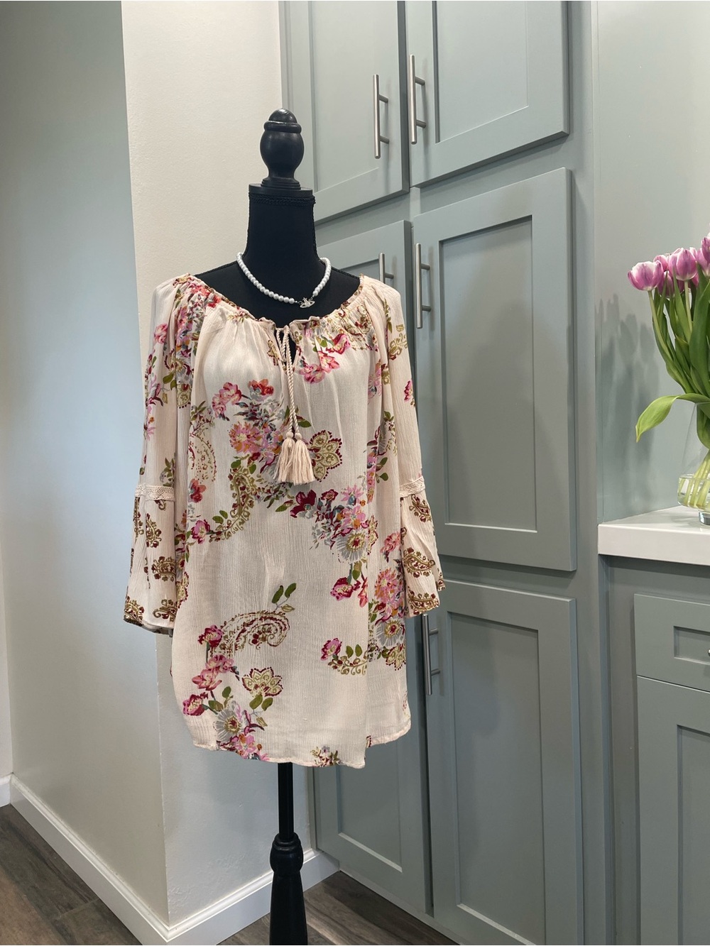 Bila Ivory Floral Tassel Peasant Top with Pink & Green Accents